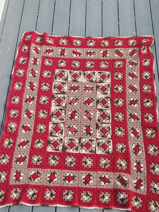Other - Handmade Red and Tan Crochet Granny Square Throw Blanket - Home Bedding